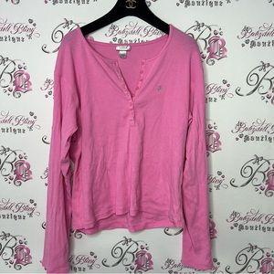 La senza button down top bubble gum pink with silver logo moose head embroidered
